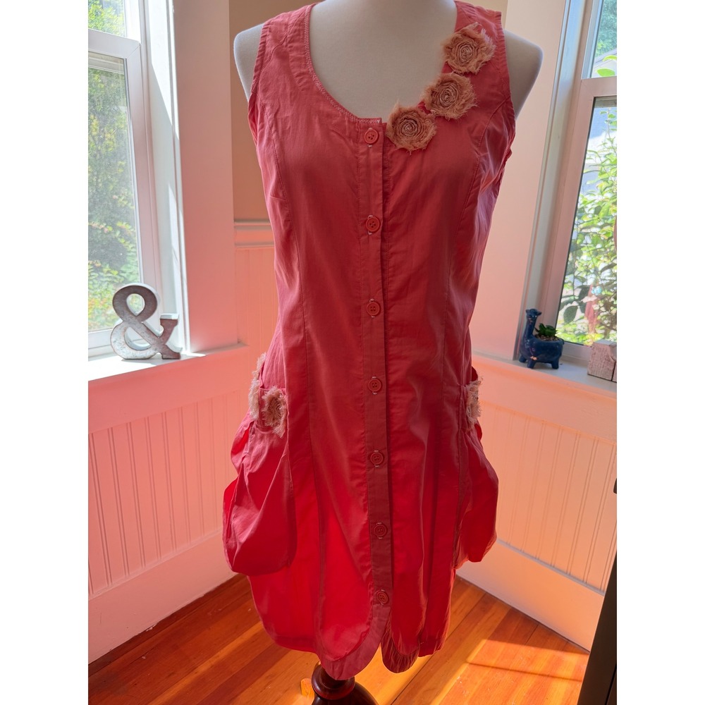 Animale Coral Pink Cotton Floral Applique Button Front Dress Size 6